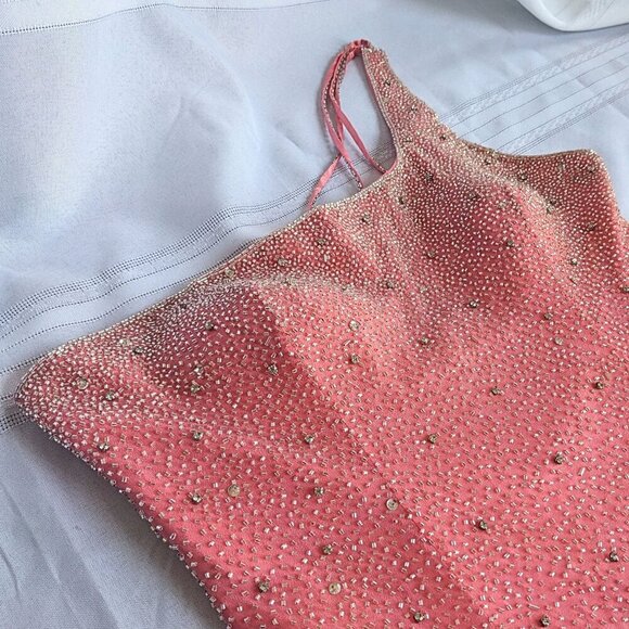 NWT Vtg Y2K ALYCE 100% Silk Coral Sequin 1 Shoulder Pageant Train Gown 6019 Sz 8 - Picture 5 of 8